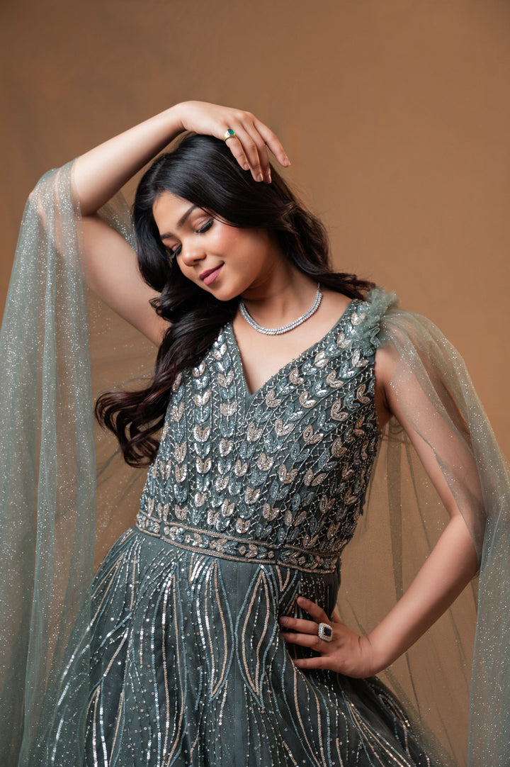 Patina Net Gown with embroidery, Customizable, Made to Order