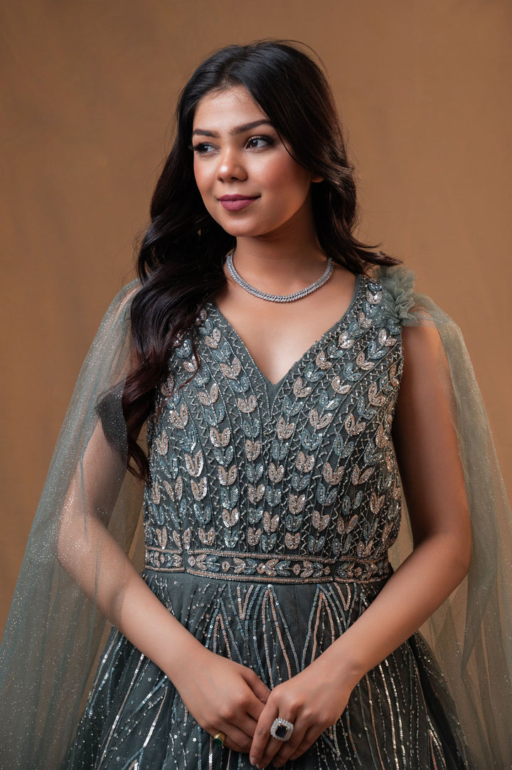 Patina Net Gown with embroidery, Customizable, Made to Order