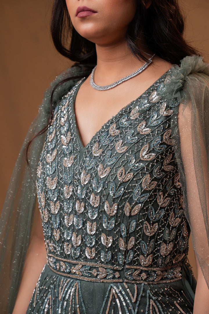 Patina Net Gown with embroidery, Customizable, Made to Order