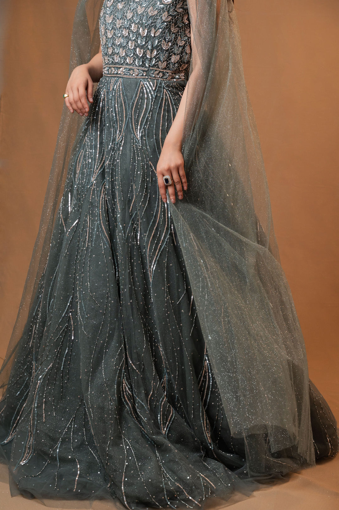 Patina Net Gown with embroidery, Customizable, Made to Order