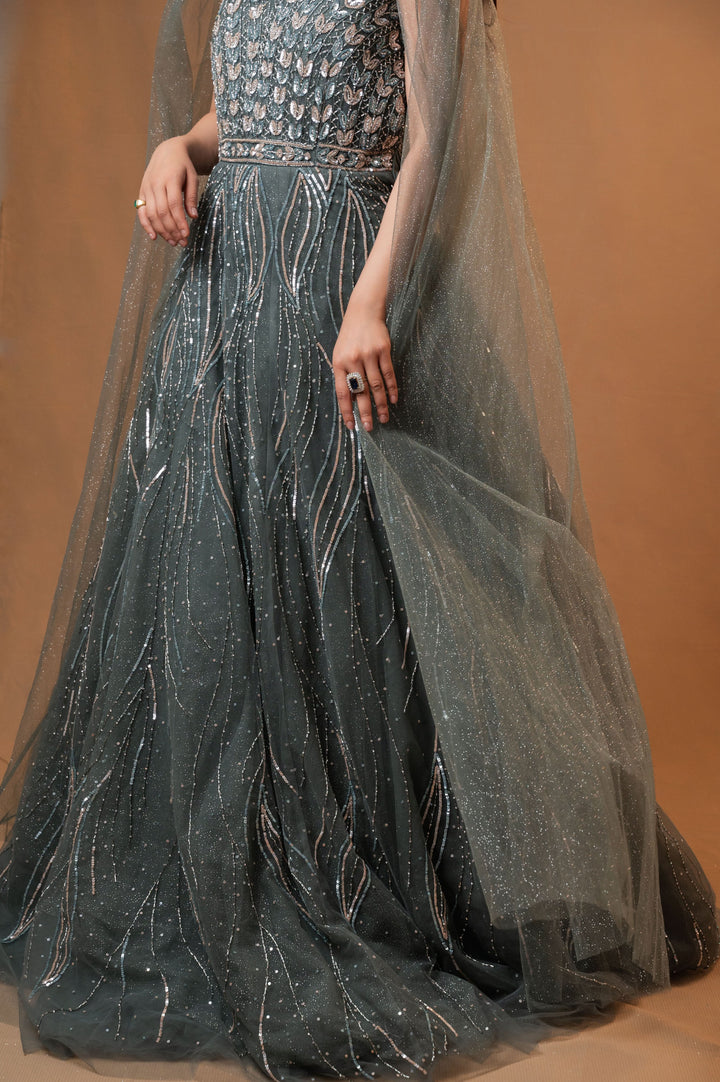 Patina Net Gown with embroidery, Customizable, Made to Order