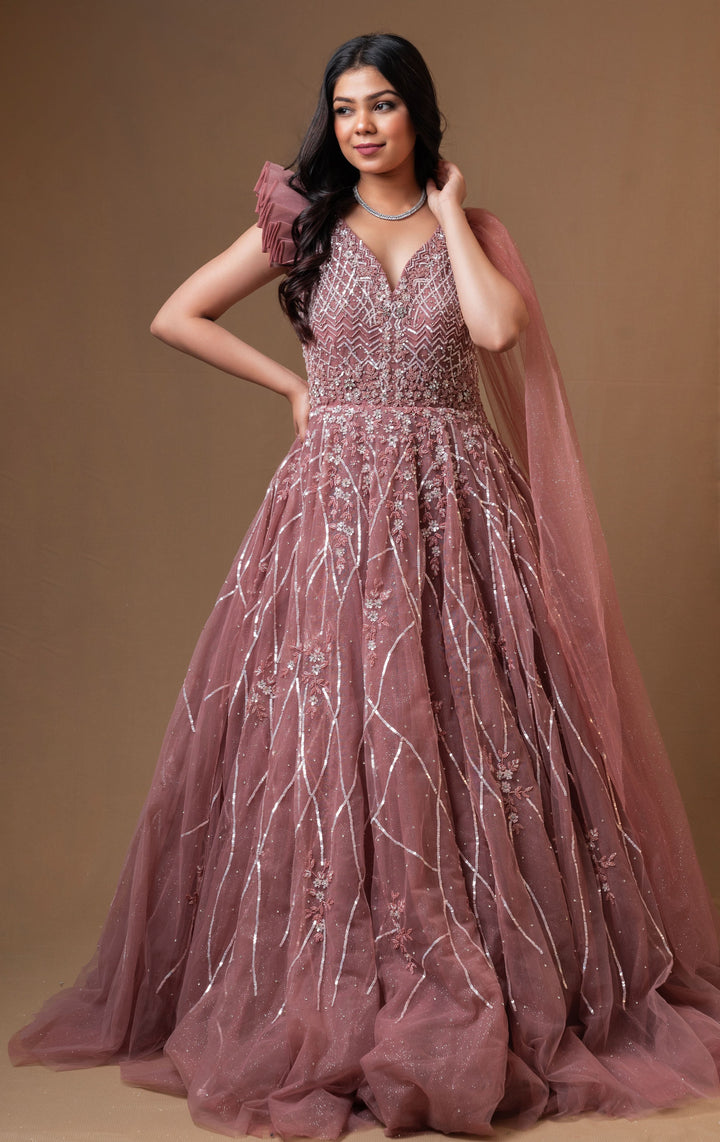Old Rose Fit and Flare Gown with embroidery, Customizable, Made to Order