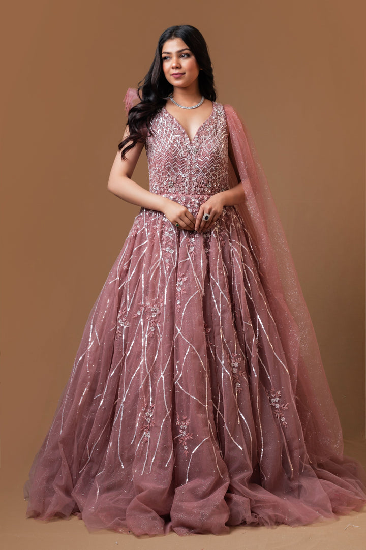 Old Rose Fit and Flare Gown with embroidery, Customizable, Made to Order