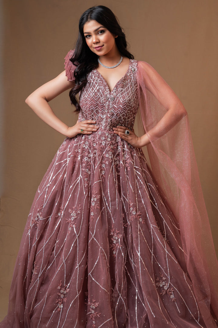 Old Rose Fit and Flare Gown with embroidery, Customizable, Made to Order