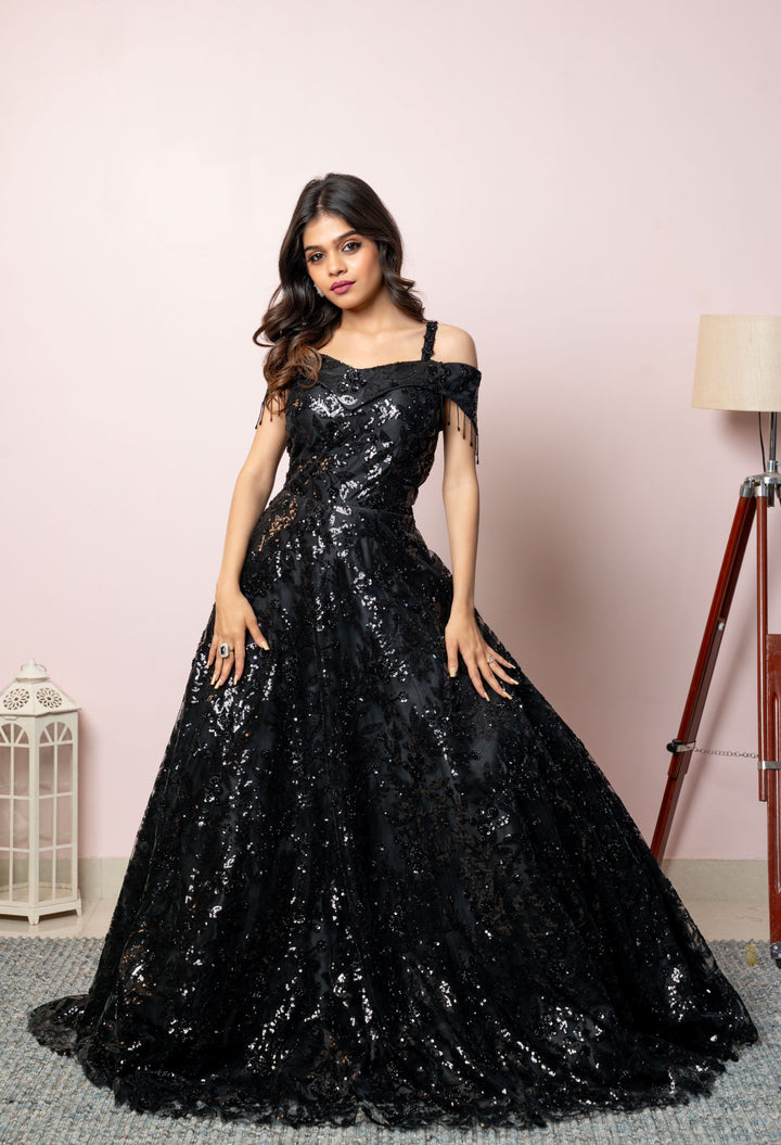 Exquisite Black Gown with embellishments and off shoulder panel, Customizable, Made to Order
