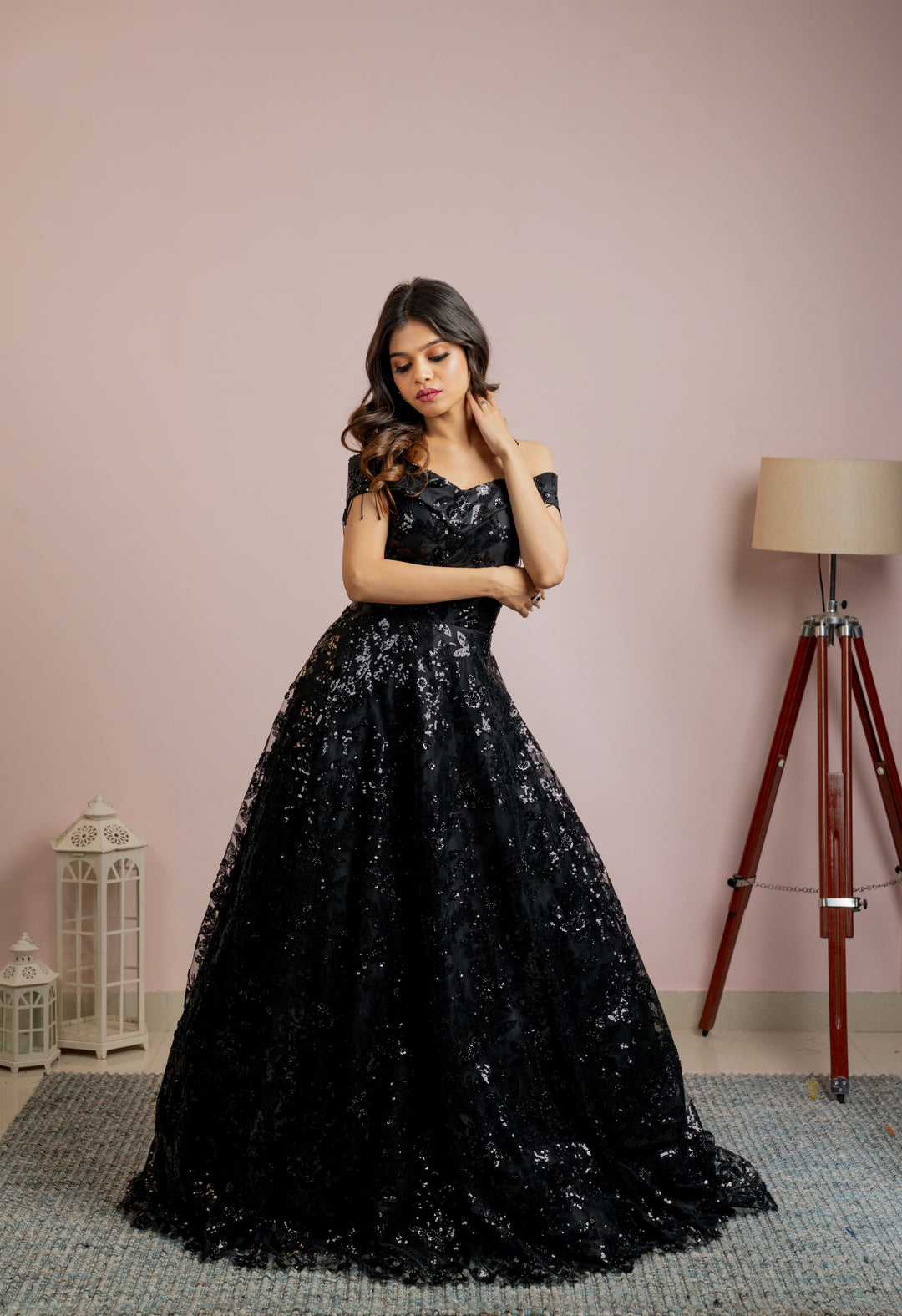 Exquisite Black Gown with embellishments and off shoulder panel, Customizable, Made to Order