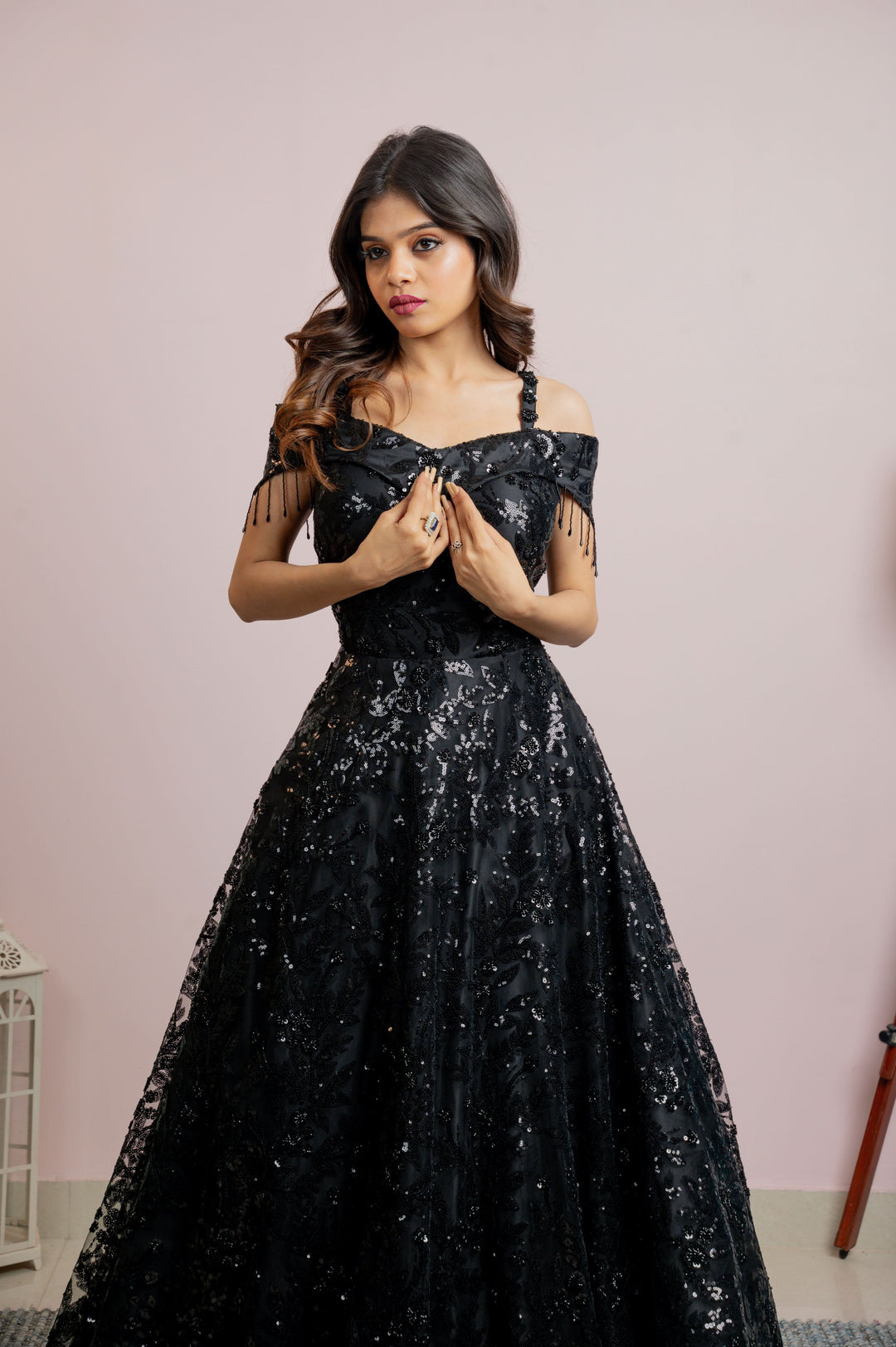 Exquisite Black Gown with embellishments and off shoulder panel, Customizable, Made to Order
