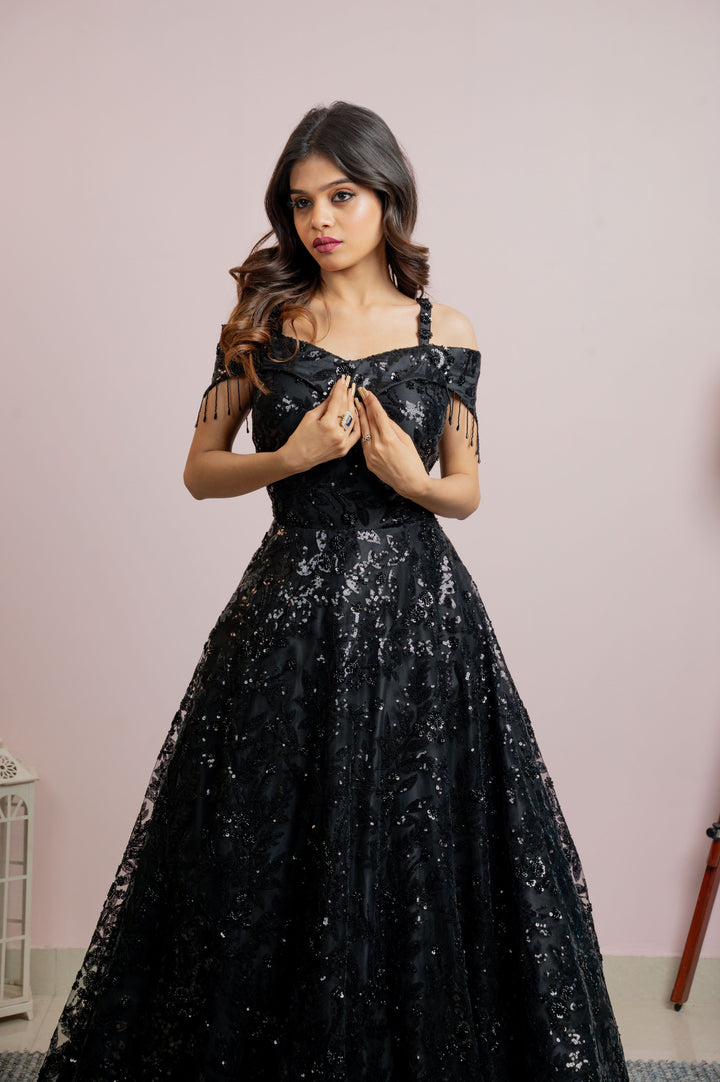 Exquisite Black Gown with embellishments and off shoulder panel, Customizable, Made to Order