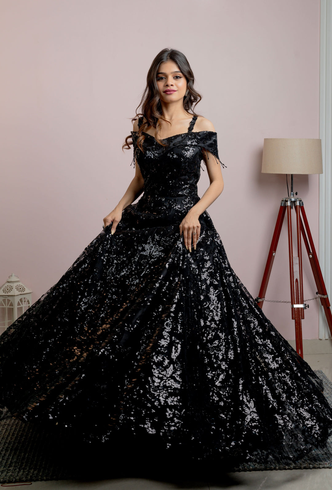 Exquisite Black Gown with embellishments and off shoulder panel, Customizable, Made to Order