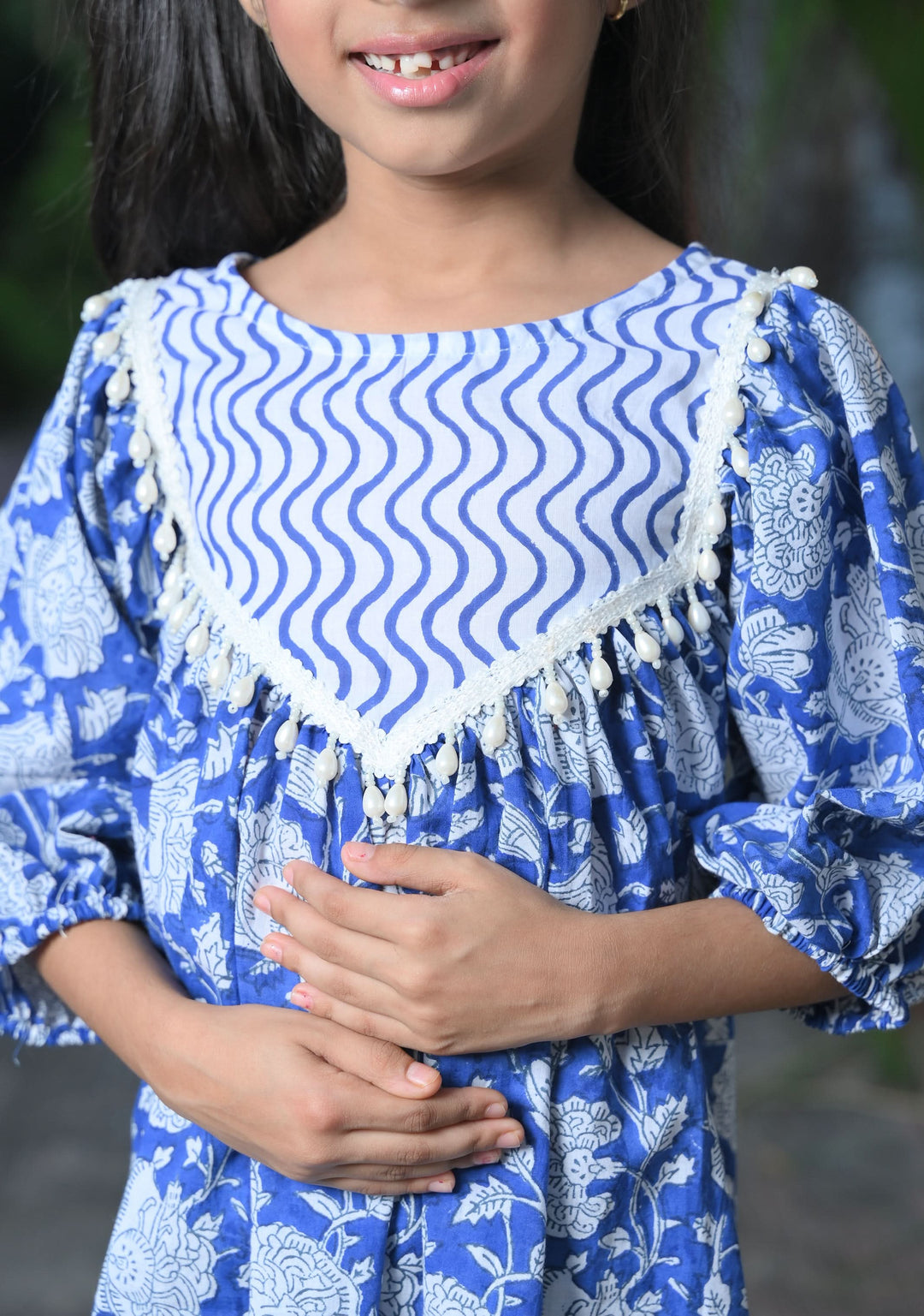 Blue and White Ocean Wave Dress with pearl hangings | Made To Order | SHOBITAM
