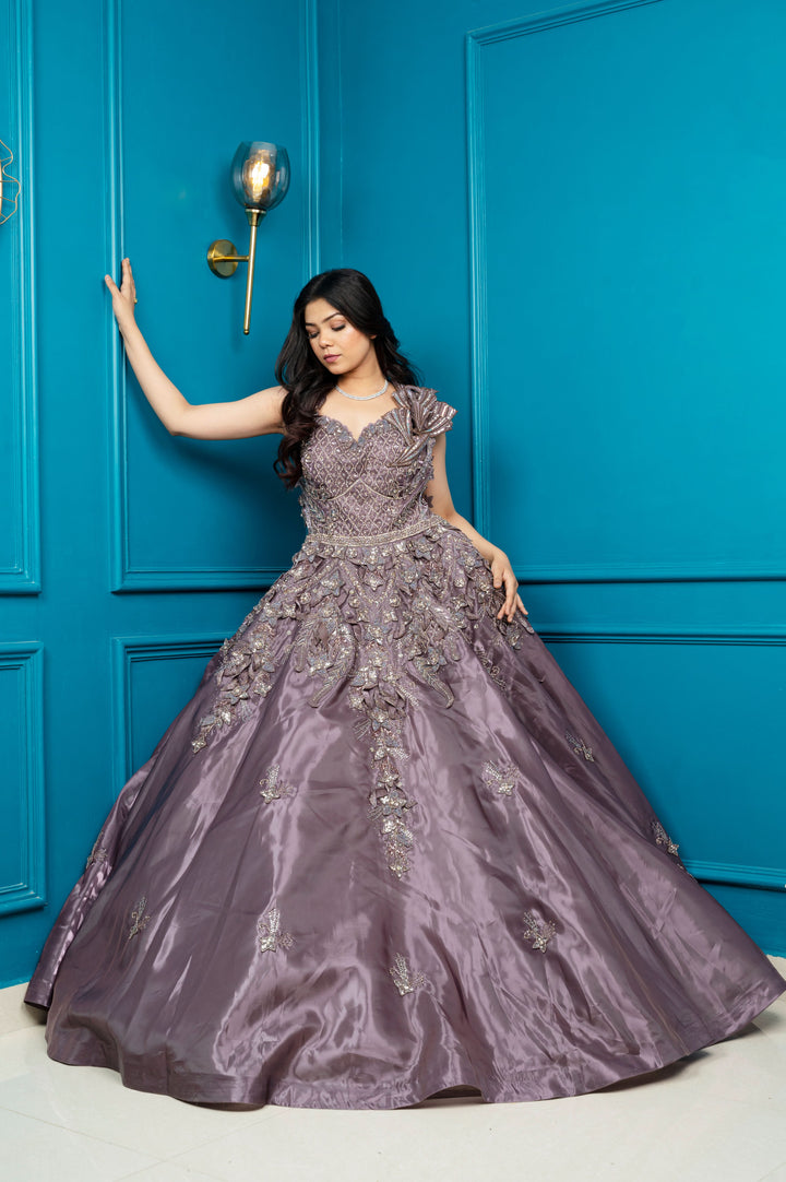 Gray Brown Gown with embroidery and can- can, Customizable, Made to Order