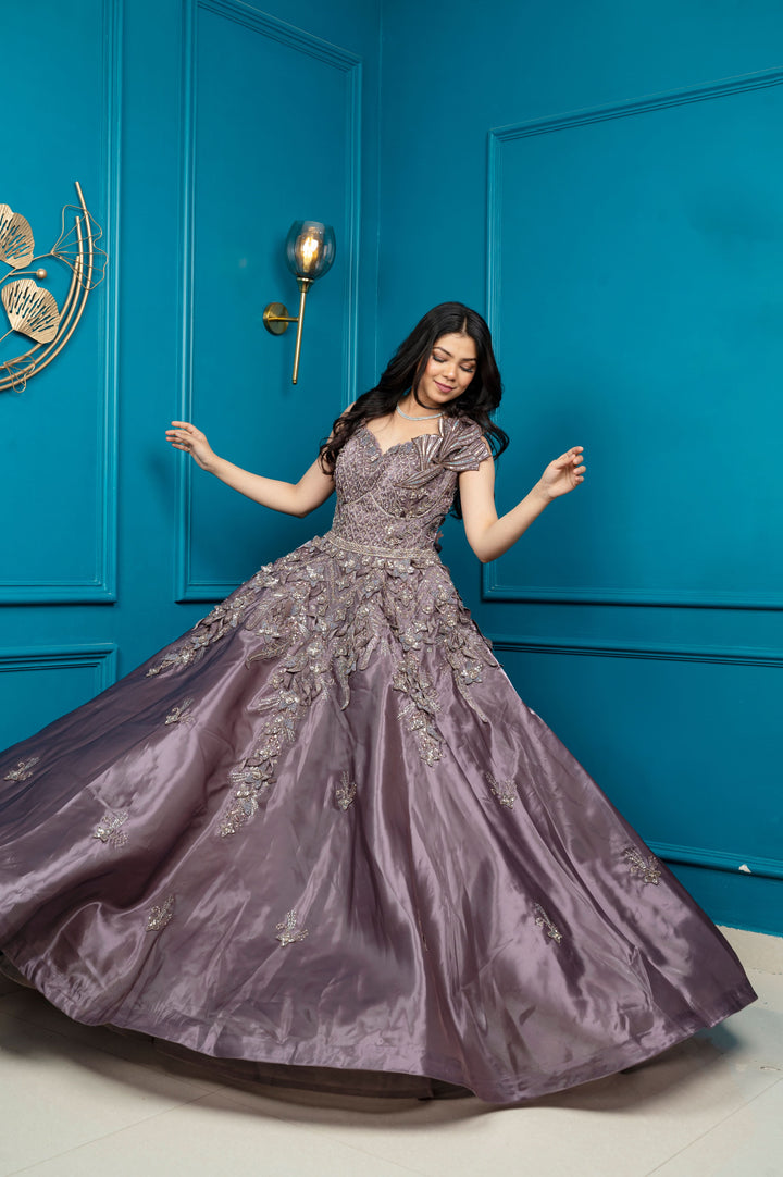 Gray Brown Gown with embroidery and can- can, Customizable, Made to Order