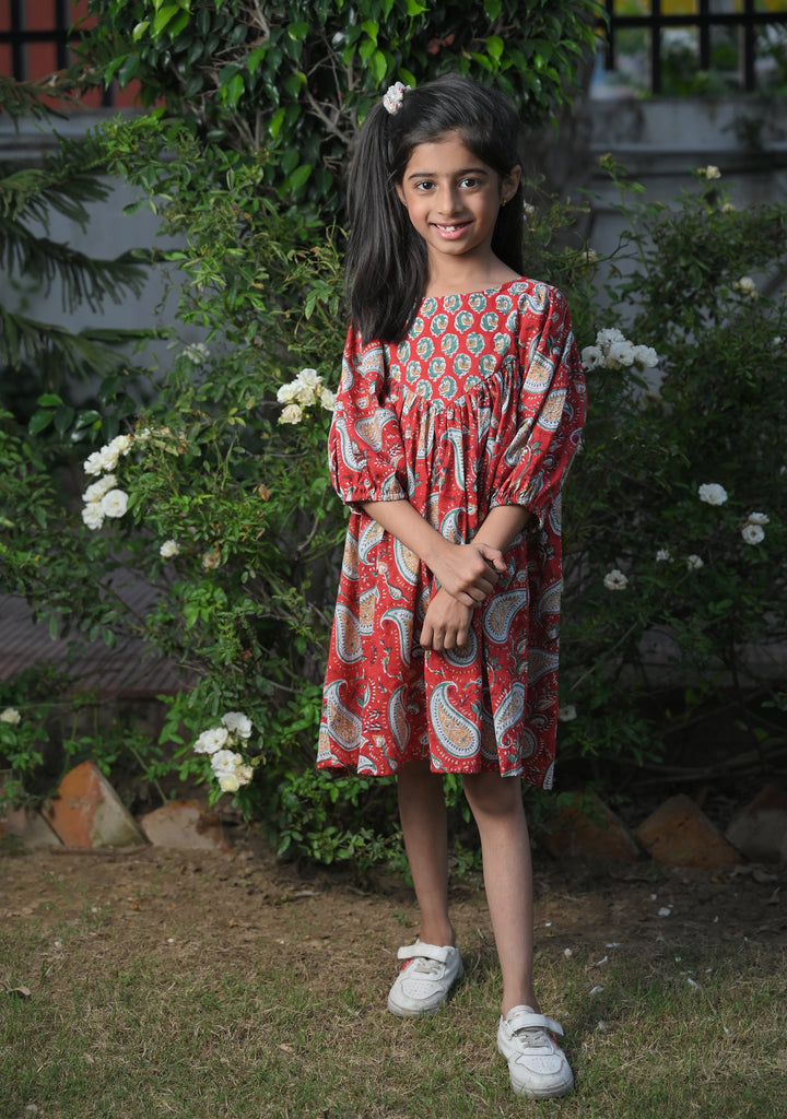 Red Playful Paisley Cotton Dress | Made To Order