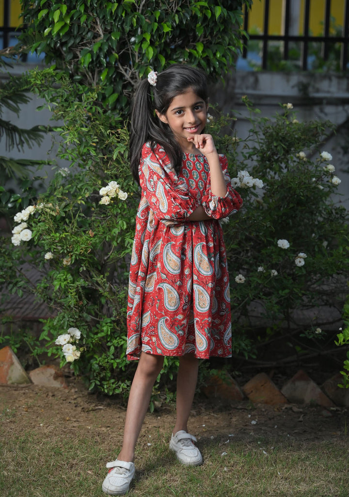 Red Playful Paisley Cotton Dress | Made To Order