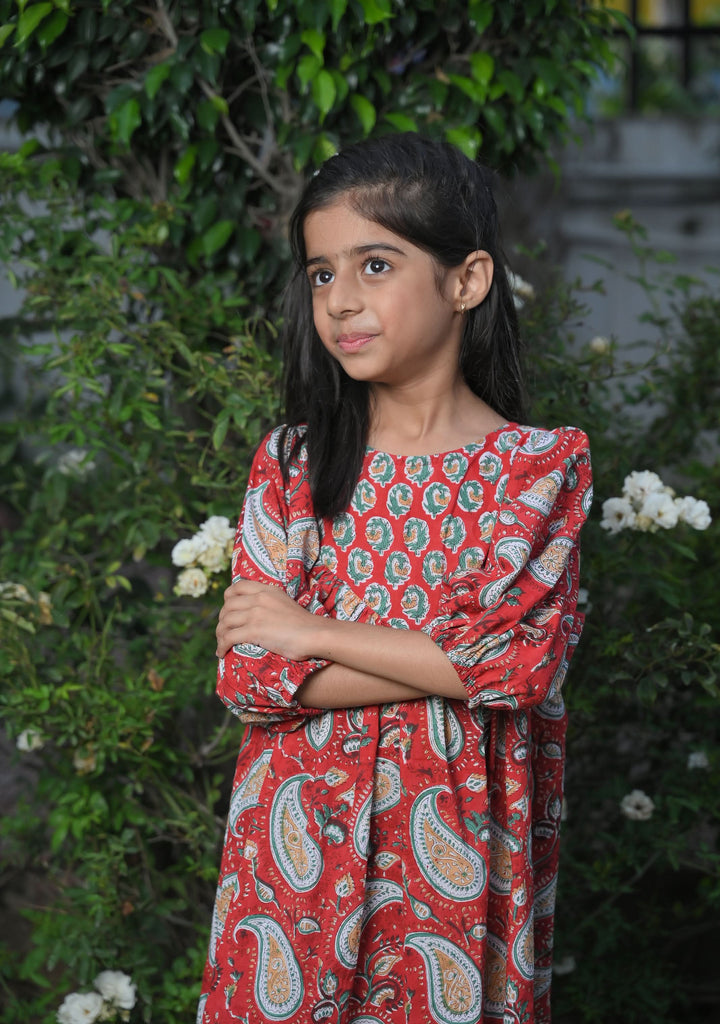 Red Playful Paisley Cotton Dress | Made To Order