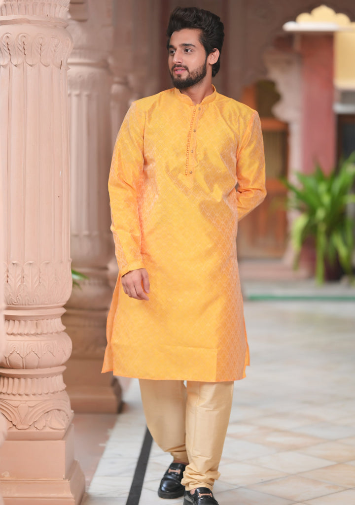 Deep Yellow Self Weave Kurta Pajama Set for Men,  Multiple Size | Ethnic Menswear by Shobitam