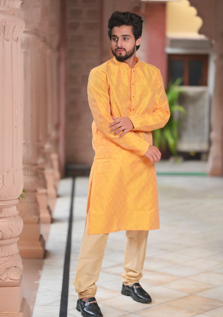 Deep Yellow Self Weave Kurta Pajama Set for Men,  Multiple Size | Ethnic Menswear by Shobitam