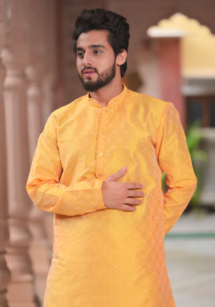 Deep Yellow Self Weave Kurta Pajama Set for Men,  Multiple Size | Ethnic Menswear by Shobitam