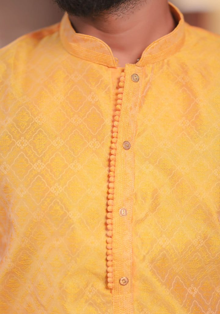 Deep Yellow Self Weave Kurta Pajama Set for Men,  Multiple Size | Ethnic Menswear by Shobitam