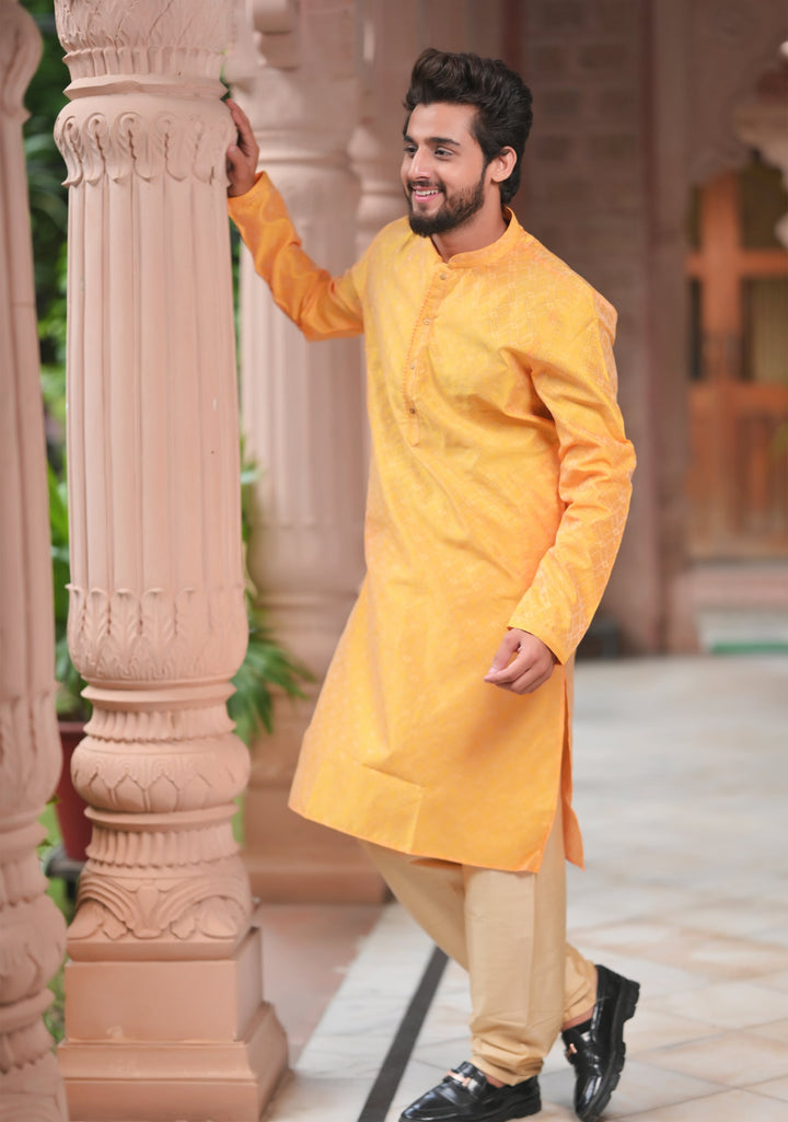 Deep Yellow Self Weave Kurta Pajama Set for Men,  Multiple Size | Ethnic Menswear by Shobitam