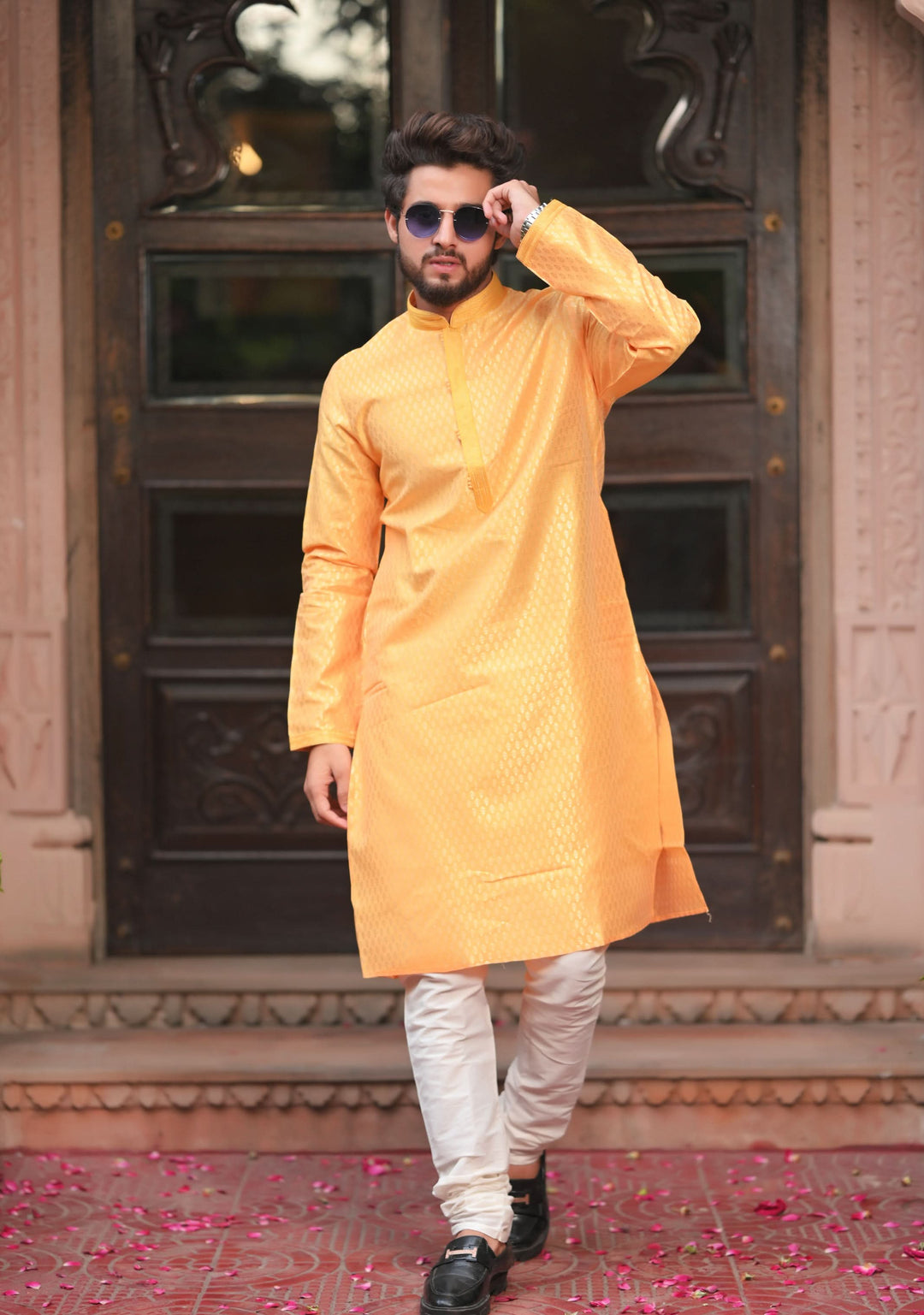 Deep Yellow Self Weave Kurta Pajama Set for Men,  Multiple Size | Ethnic Menswear by Shobitam