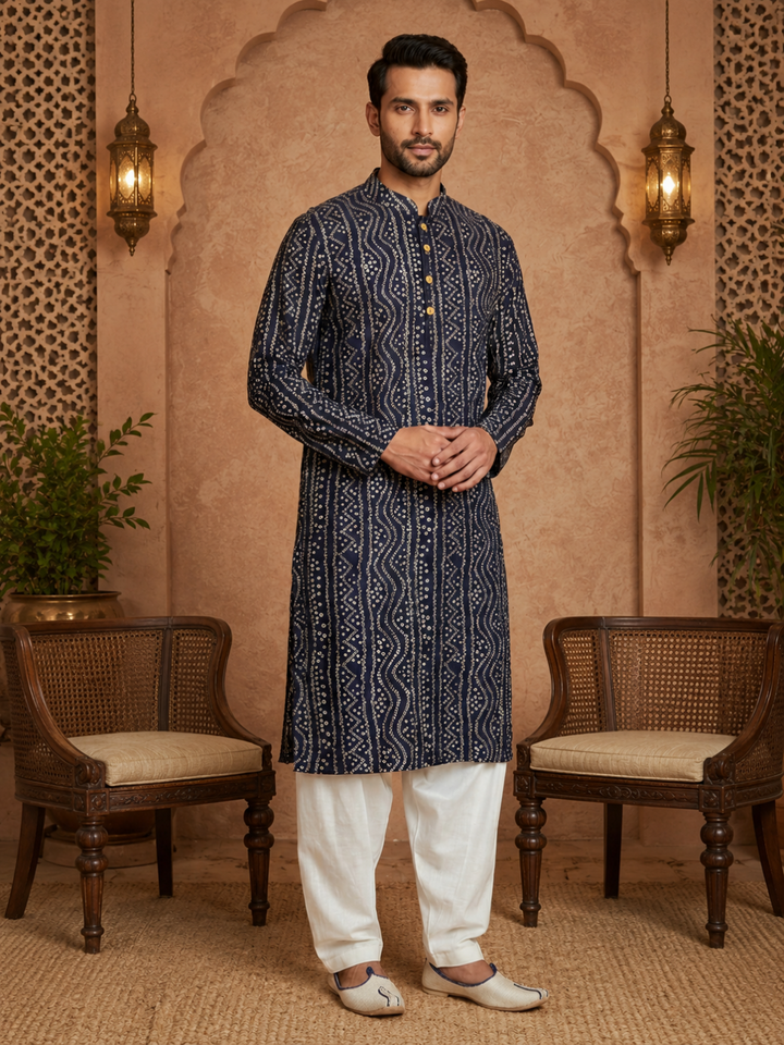 Men's Navt Blue Cotton Kurta Set | SHOBITAM