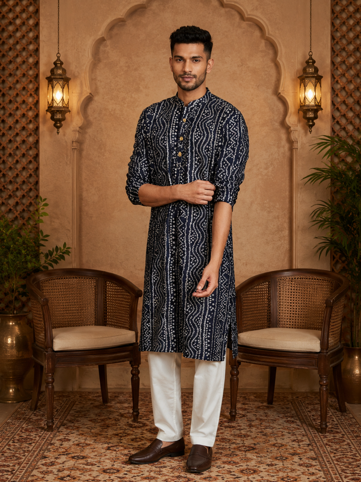 Men's Navt Blue Cotton Kurta Set | SHOBITAM