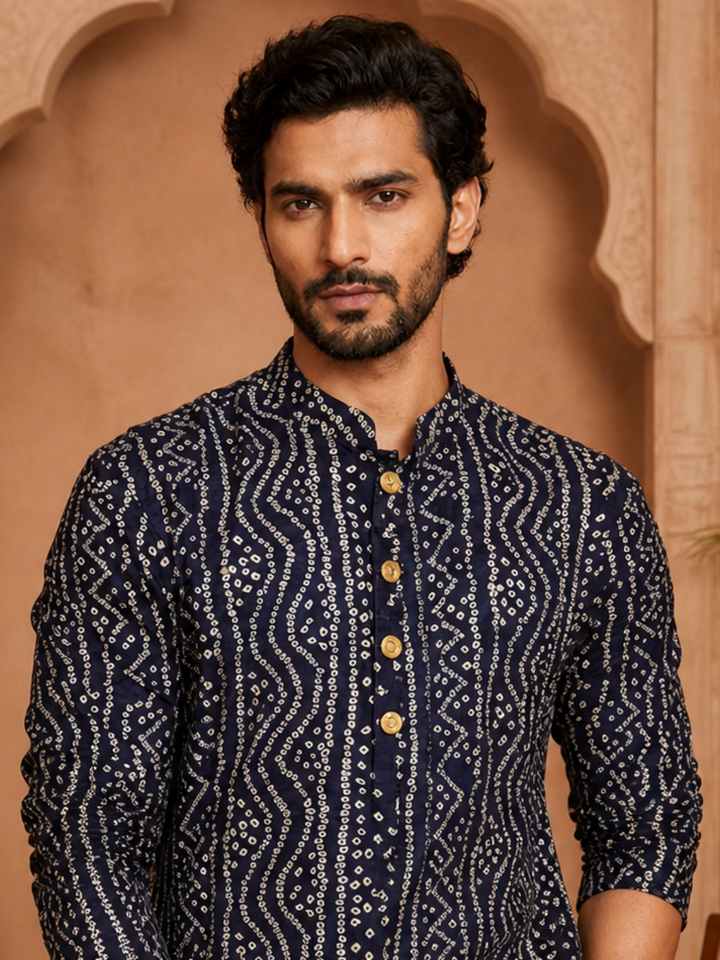 Men's Navt Blue Cotton Kurta Set | SHOBITAM