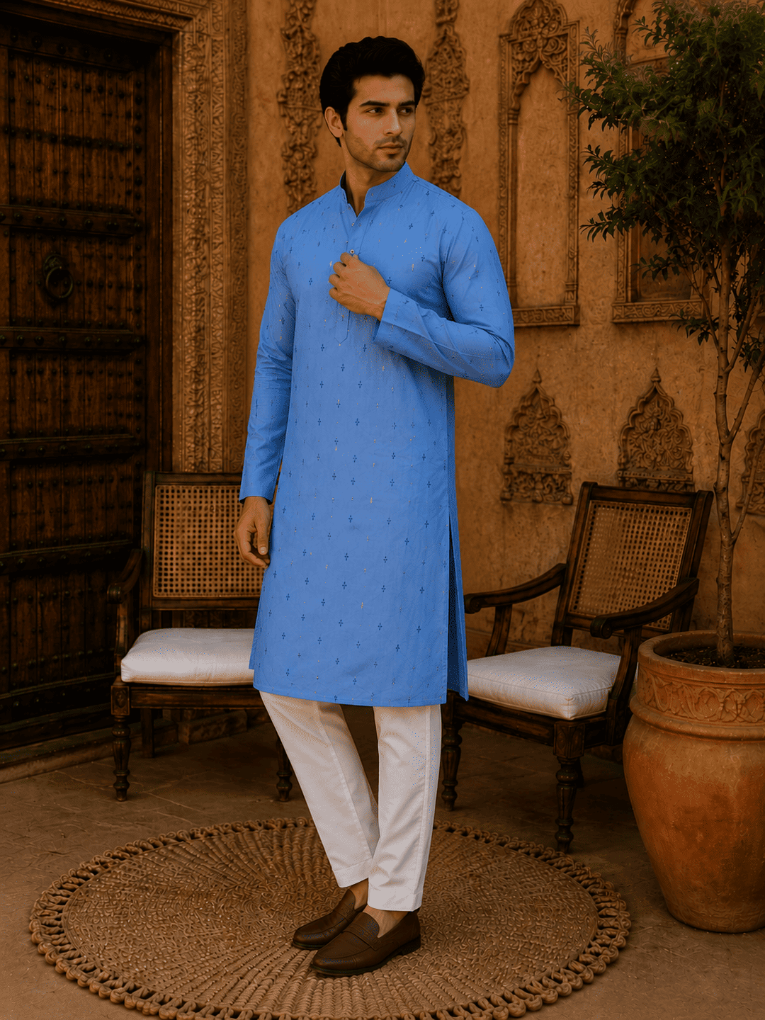 Sky Blue Ethnic Printed Kurta Set | SHOBITAM