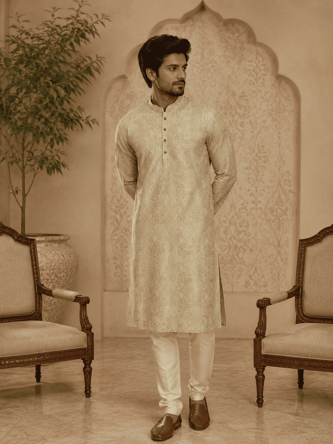 Elegant Pastel Gold Printed Men’s Kurta Set | SHOBITAM