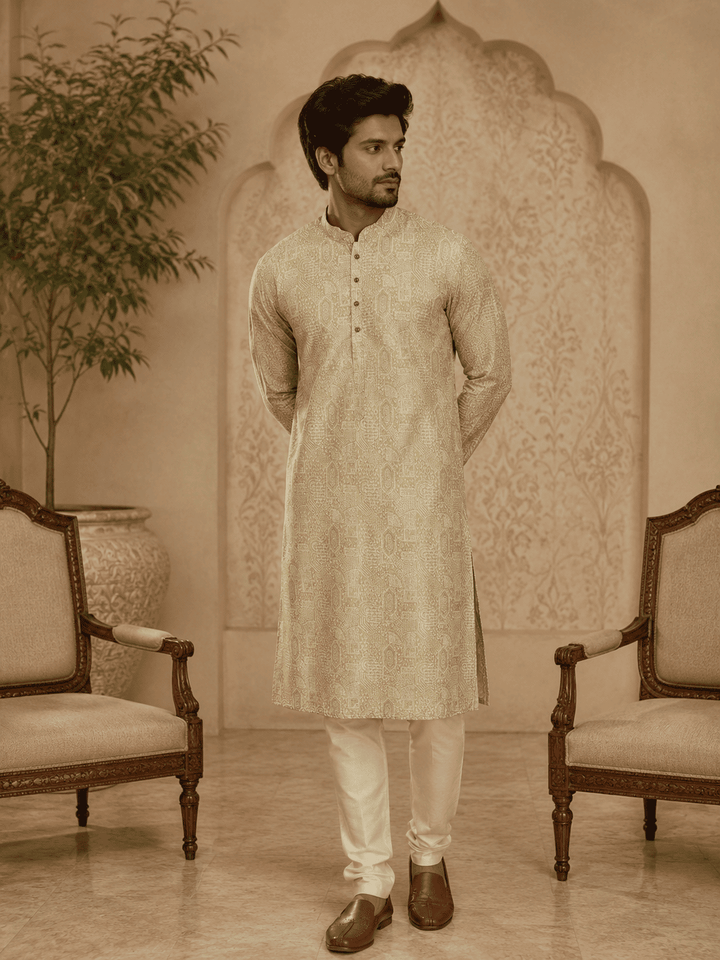 Elegant Pastel Gold Printed Men’s Kurta Set | SHOBITAM