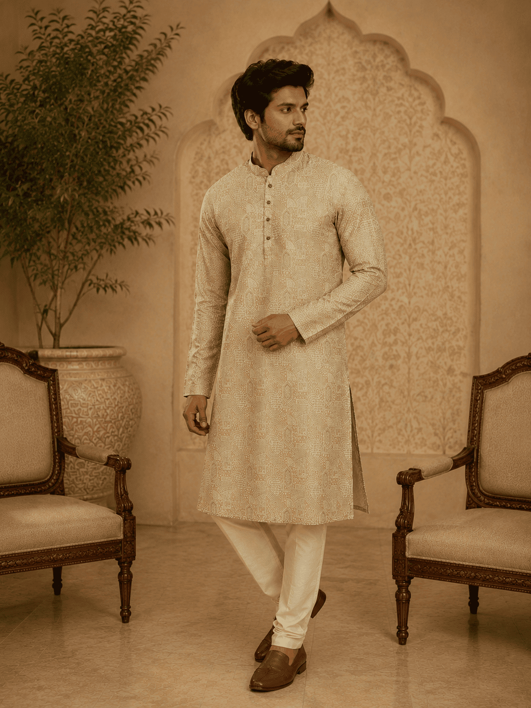 Elegant Pastel Gold Printed Men’s Kurta Set | SHOBITAM