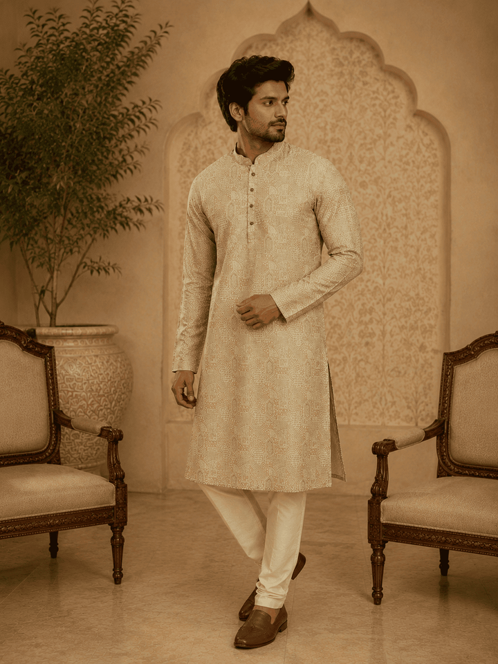 Elegant Pastel Gold Printed Men’s Kurta Set | SHOBITAM