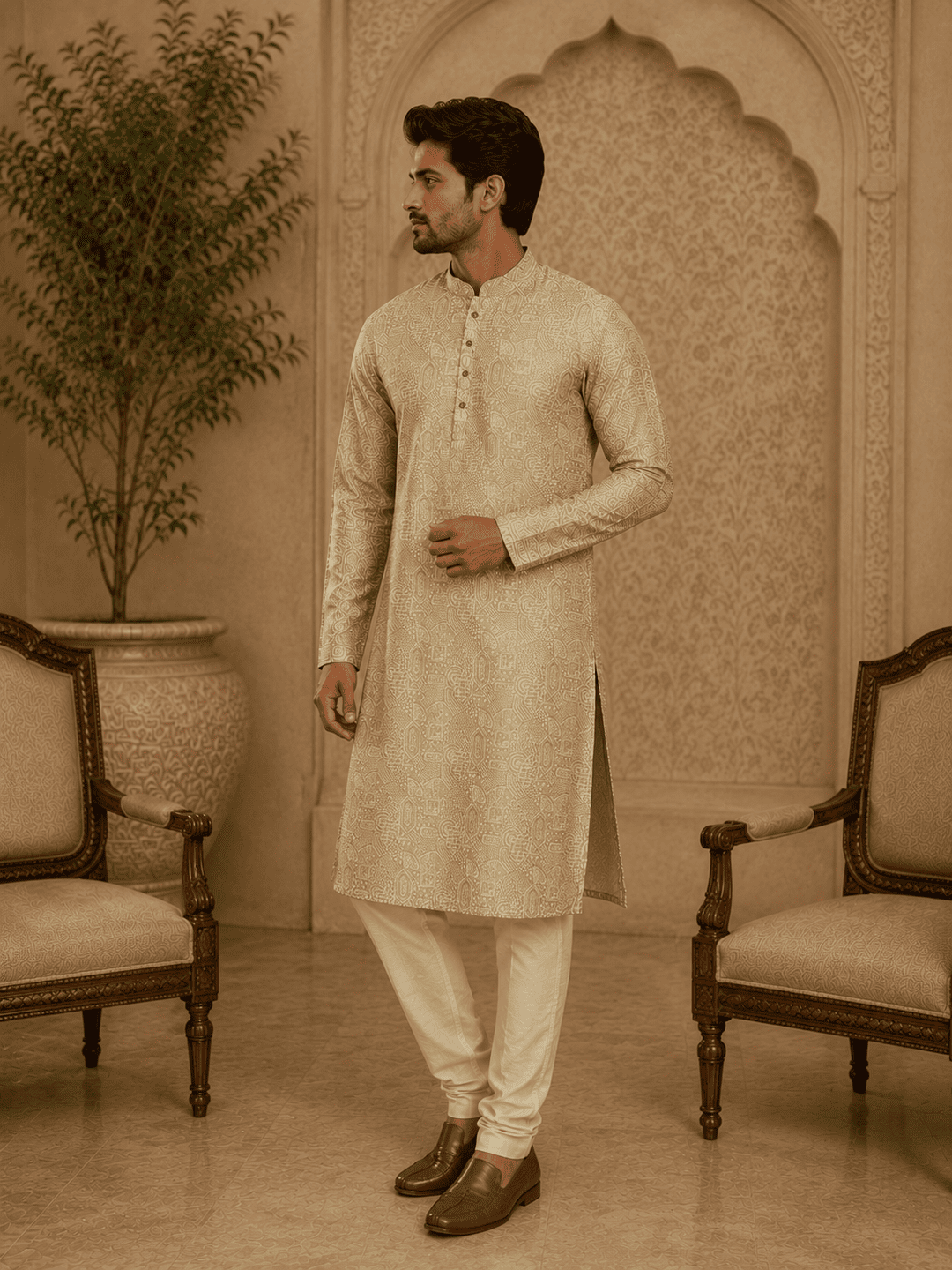 Elegant Pastel Gold Printed Men’s Kurta Set | SHOBITAM