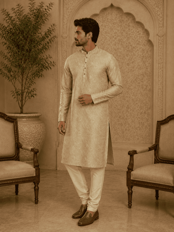 Elegant Pastel Gold Printed Men’s Kurta Set | SHOBITAM