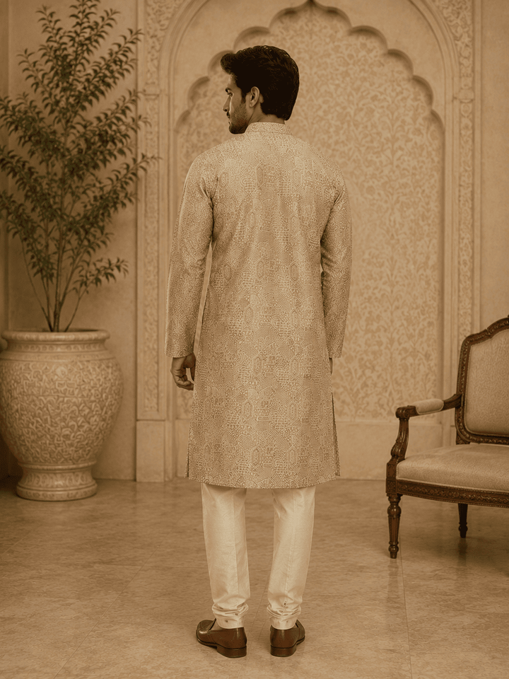 Elegant Pastel Gold Printed Men’s Kurta Set | SHOBITAM