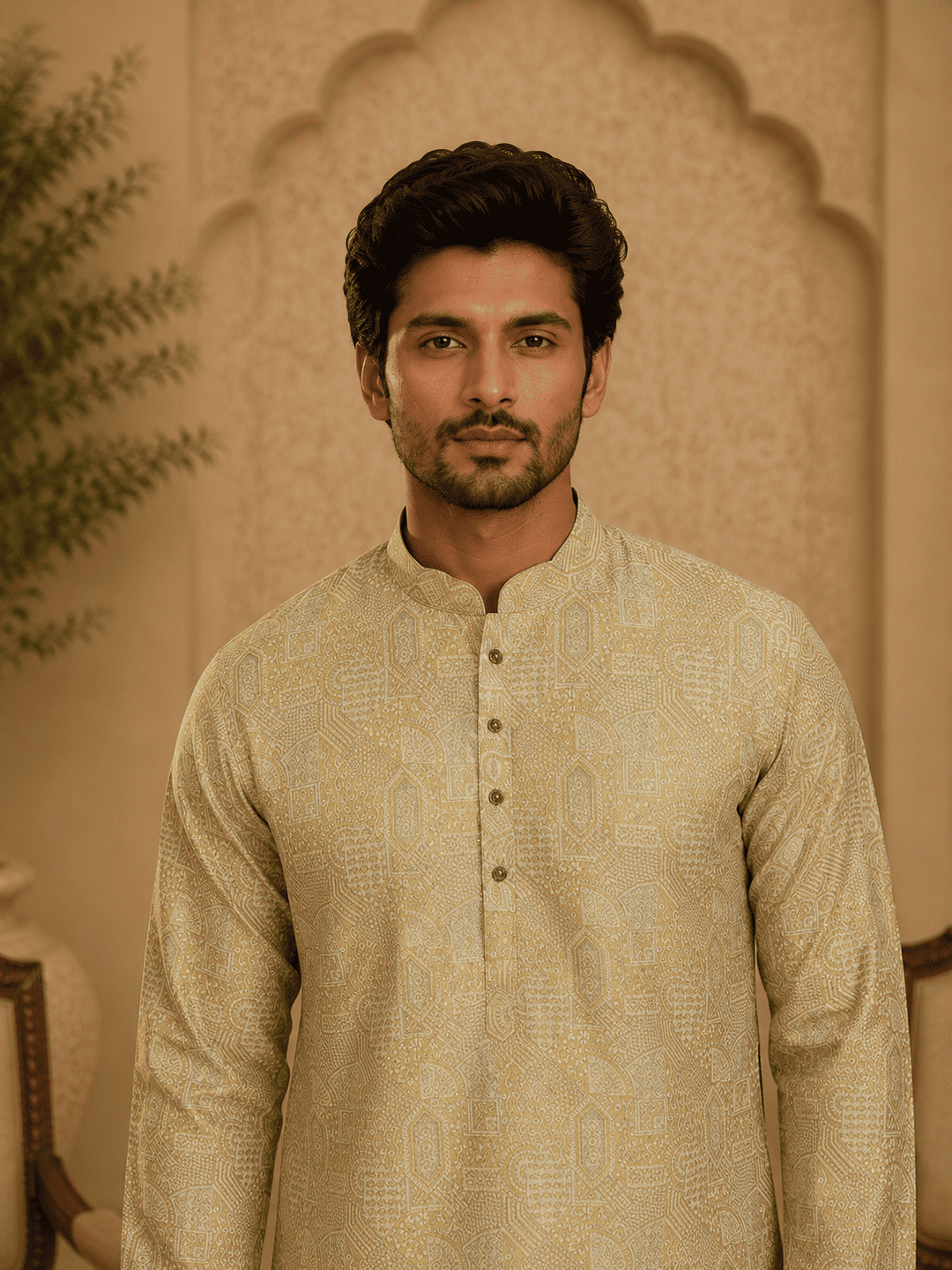 Elegant Pastel Gold Printed Men’s Kurta Set | SHOBITAM