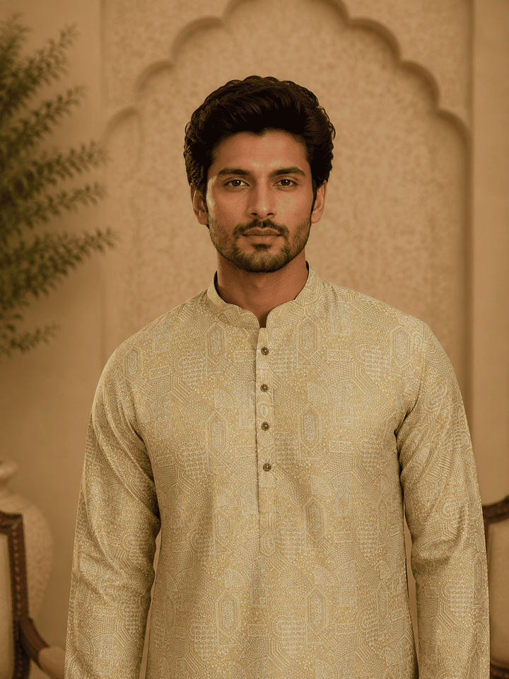 Elegant Pastel Gold Printed Men’s Kurta Set | SHOBITAM