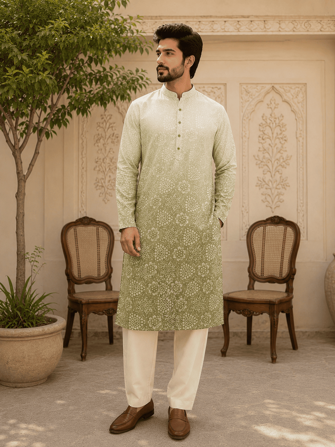 Sage Green Ombre Printed Men’s Kurta Set | SHOBITAM