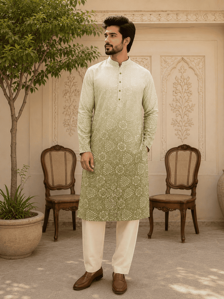 Sage Green Ombre Printed Men’s Kurta Set | SHOBITAM