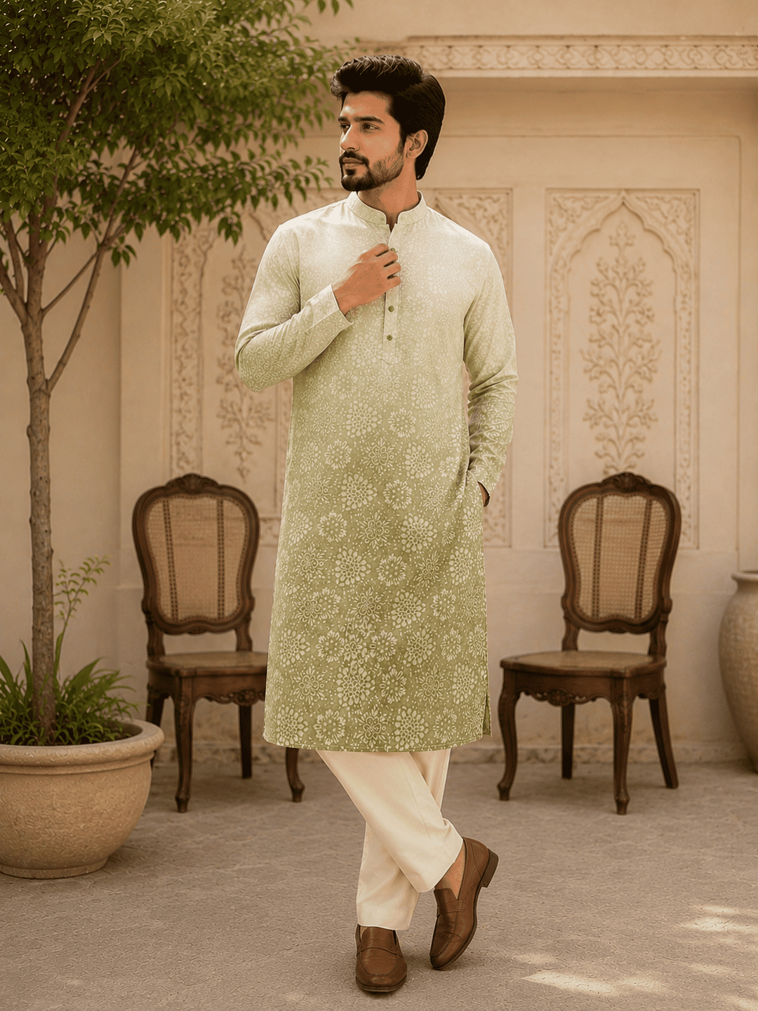 Sage Green Ombre Printed Men’s Kurta Set | SHOBITAM