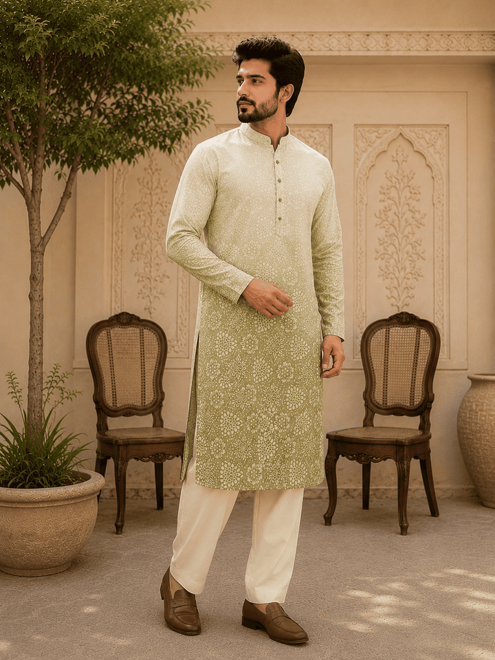Sage Green Ombre Printed Men’s Kurta Set | SHOBITAM