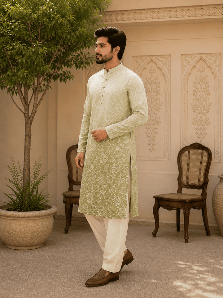 Sage Green Ombre Printed Men’s Kurta Set | SHOBITAM
