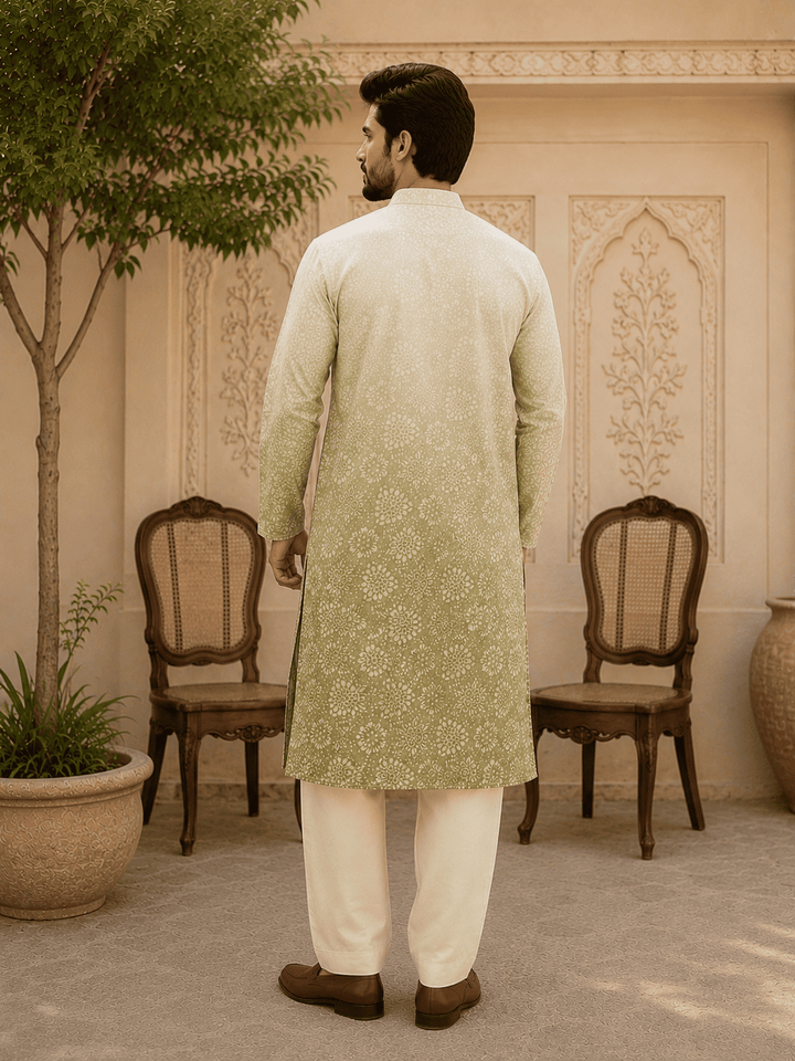 Sage Green Ombre Printed Men’s Kurta Set | SHOBITAM