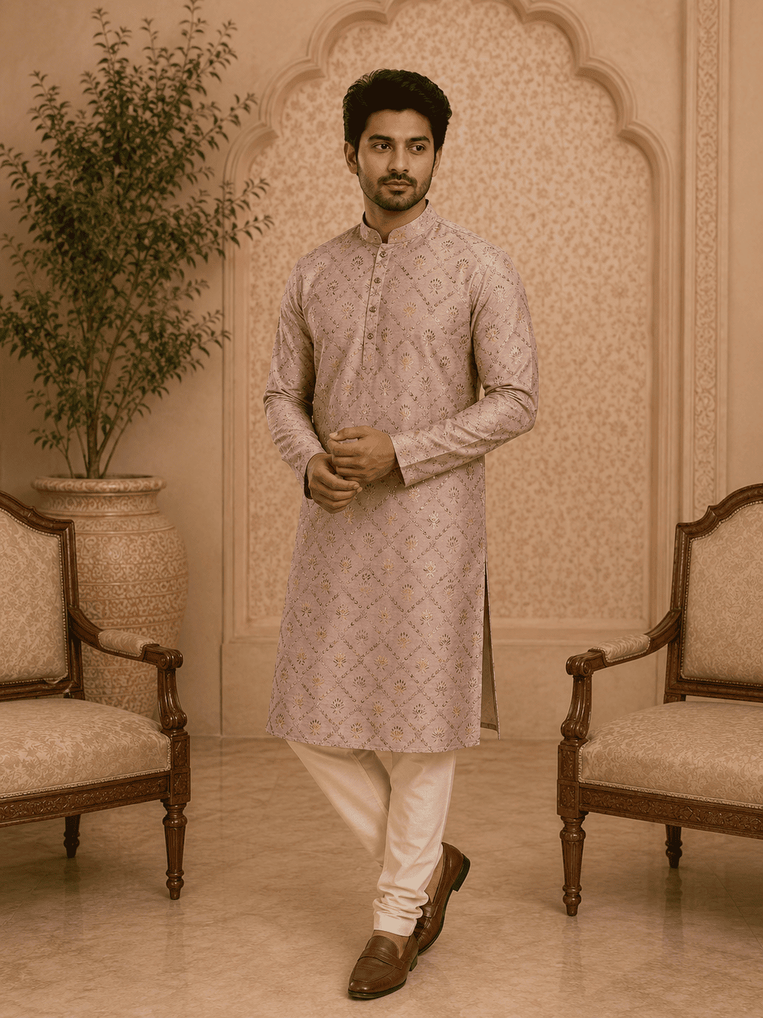 Peach Printed Men’s Kurta Set | SHOBITAM