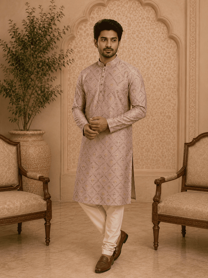 Peach Printed Men’s Kurta Set | SHOBITAM
