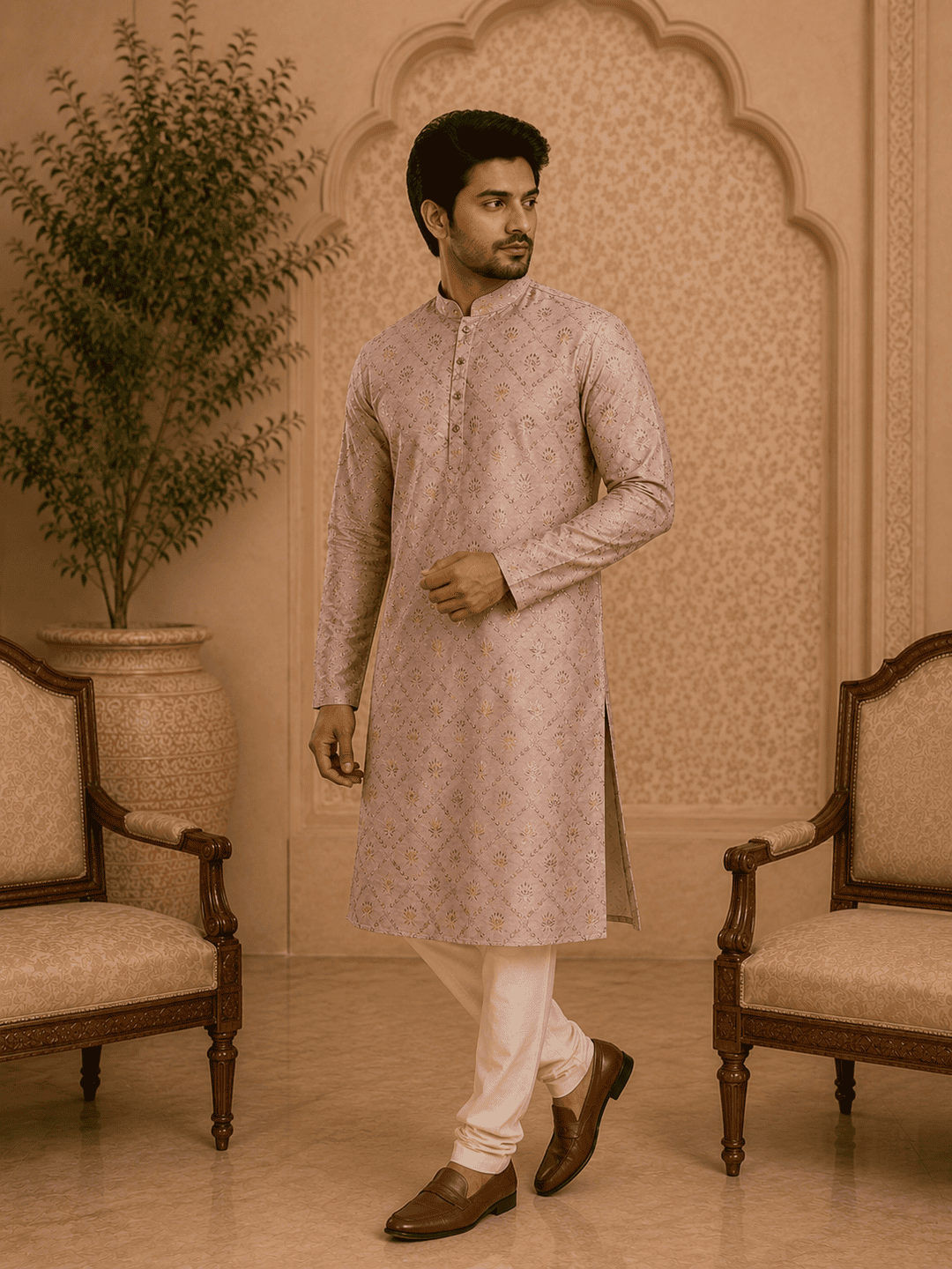 Peach Printed Men’s Kurta Set | SHOBITAM