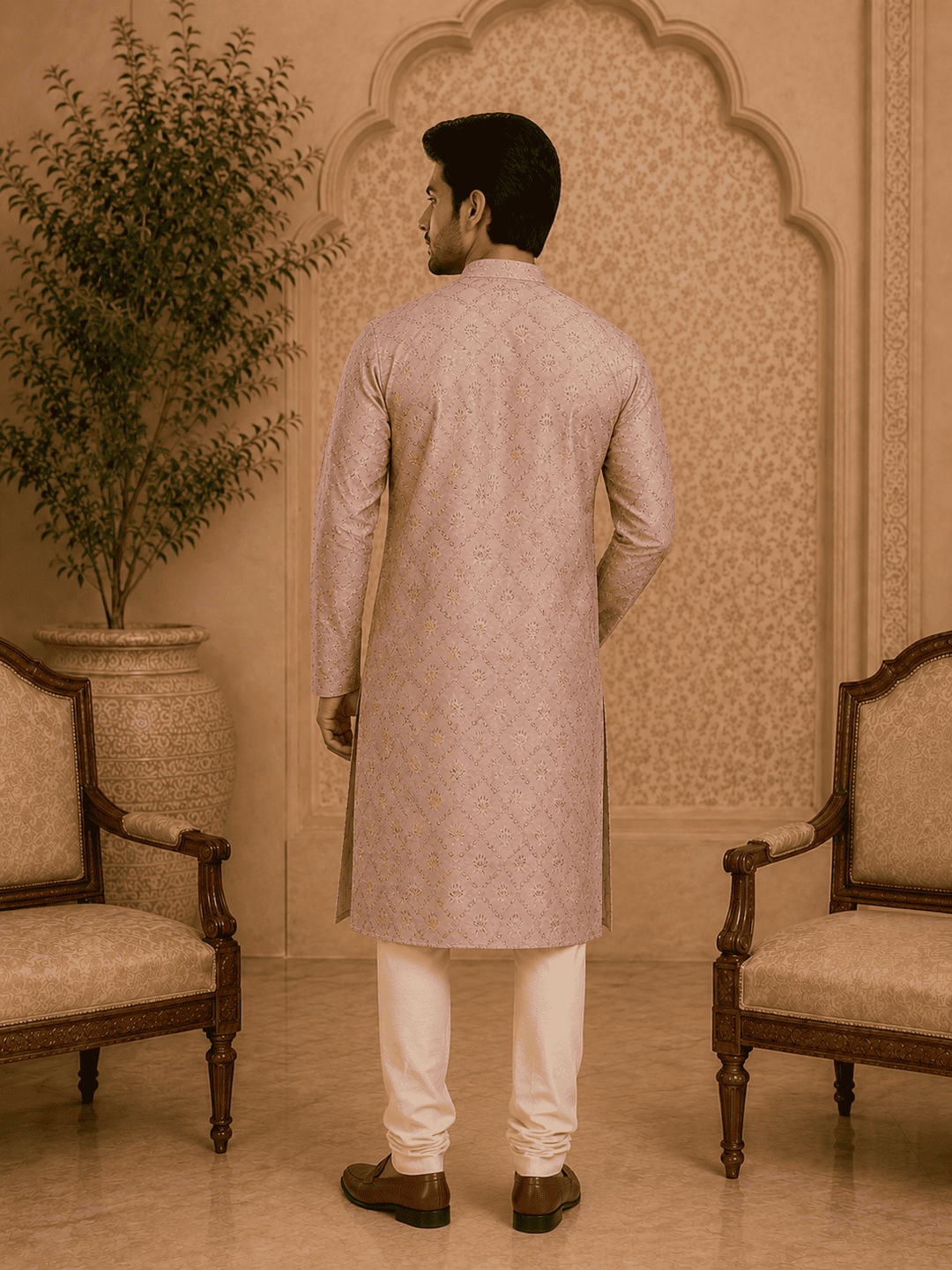 Peach Printed Men’s Kurta Set | SHOBITAM