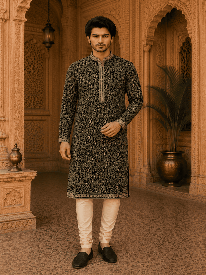 Royal Black Embroidered Men’s Kurta Set (With Inner Lining | SHOBITAM