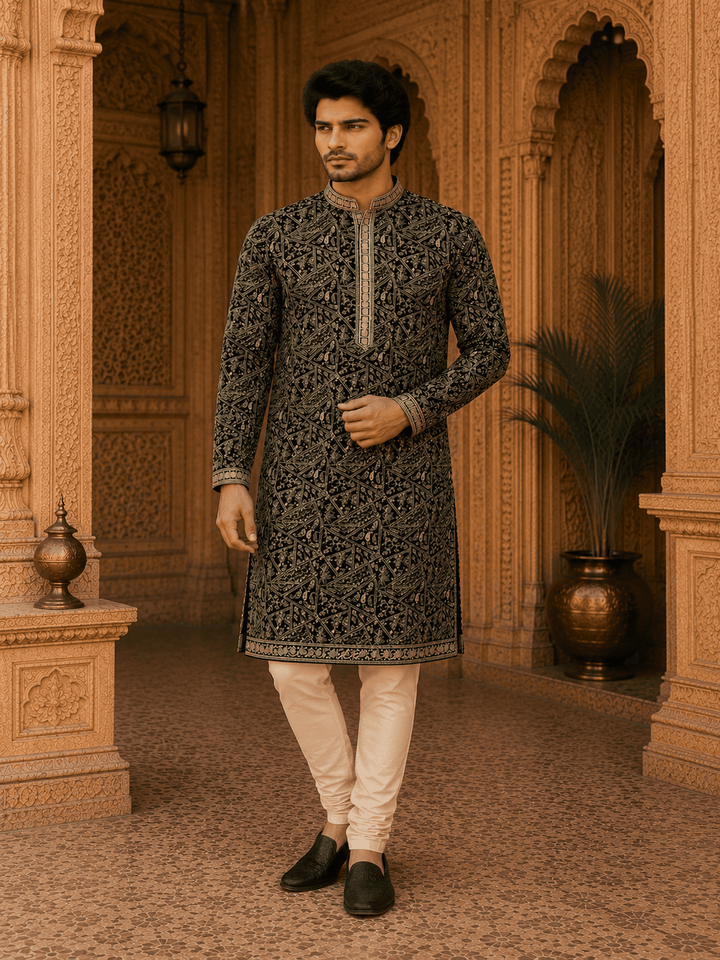 Royal Black Embroidered Men’s Kurta Set (With Inner Lining | SHOBITAM